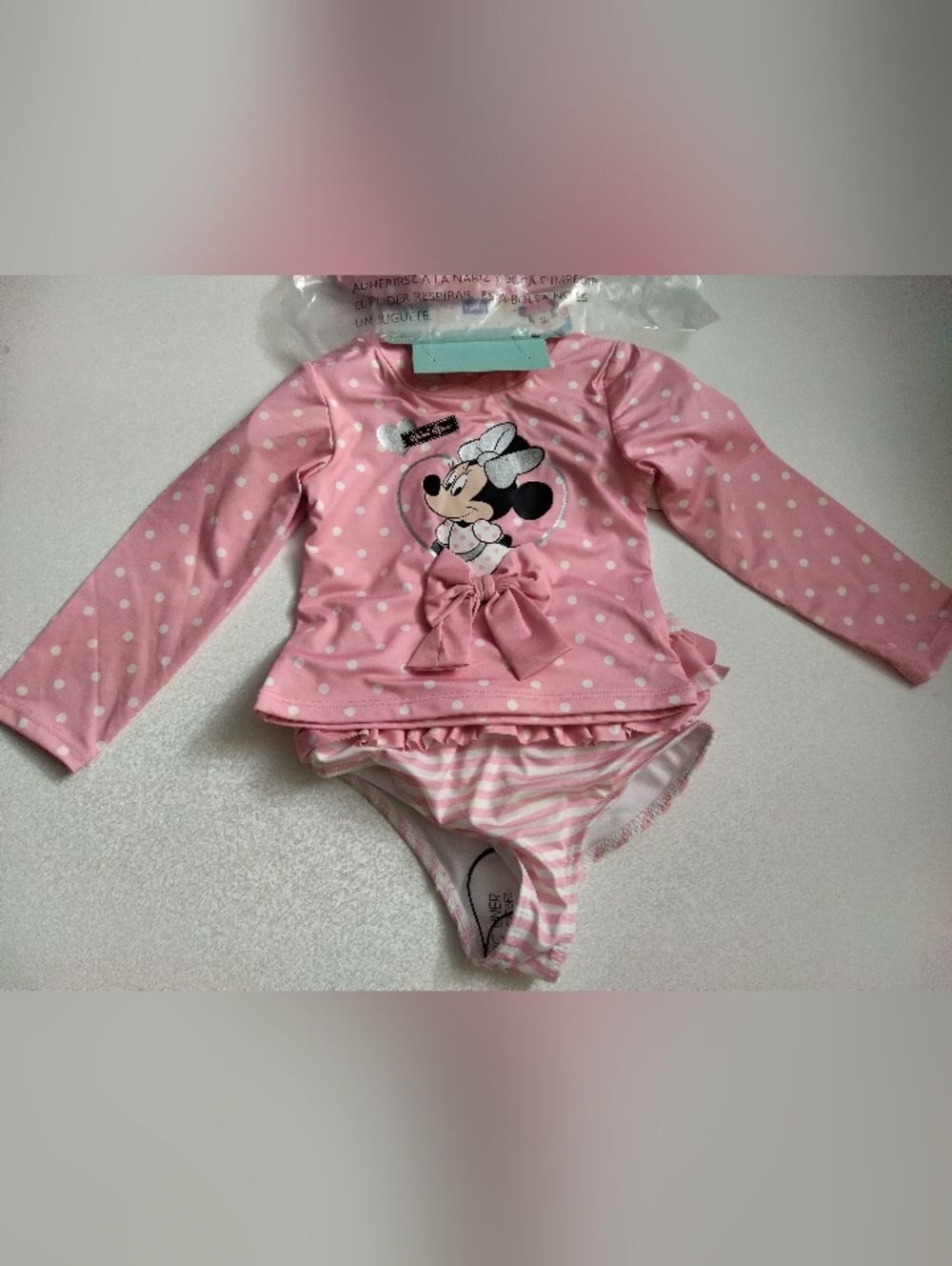 Disney Baby Pink Minnie Mouse Polka Dot 3 Piece Swim Set Bucket Hat Size 18M New